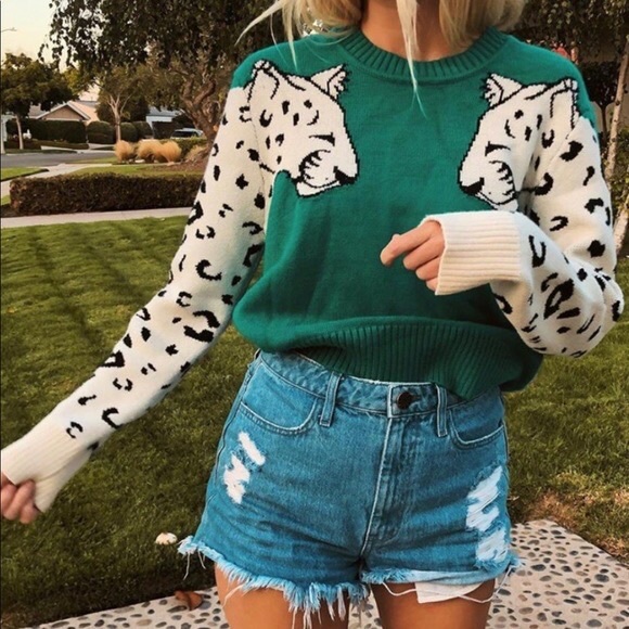 MINKPINK Sweaters - MINKPINK Teal Snow Leopard Sweater